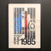 1985 Rallye Dakar Poster. 7th year. Depicting a Dakar motorcycle and rider in bmw colours blue, white, and red